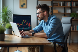 Jeune homme professionnel analysant des graphiques de cryptomonnaie