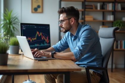 Jeune homme professionnel analysant des graphiques de cryptomonnaie
