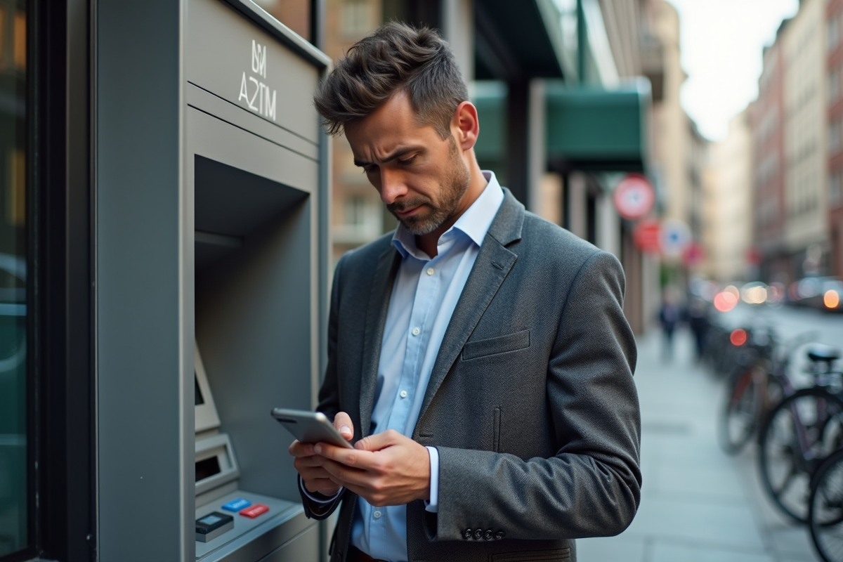 Homme d affaires devant un distributeur automatique en ville