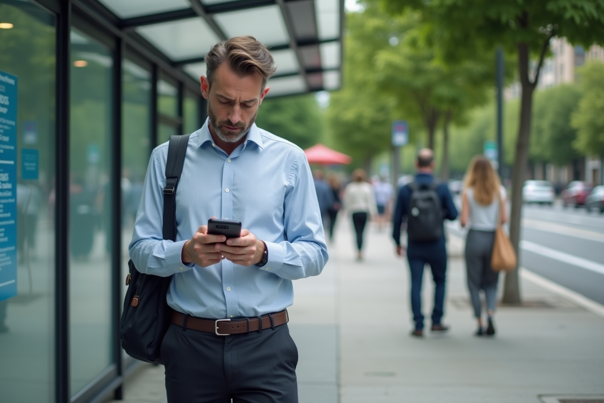 Homme vérifiant notifications sur smartphone à un arrêt de bus