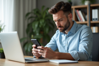 Homme en bureau moderne consulte son smartphone dans un cadre professionnel