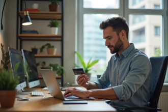Homme détendu utilisant un portefeuille numérique au bureau