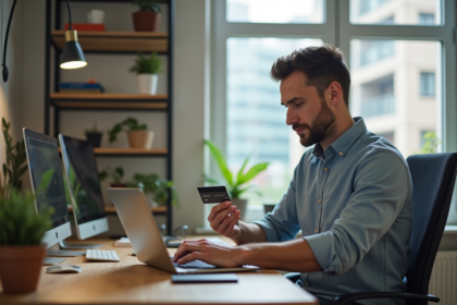 Homme détendu utilisant un portefeuille numérique au bureau