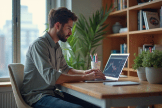 Homme concentré devant son ordinateur en home office