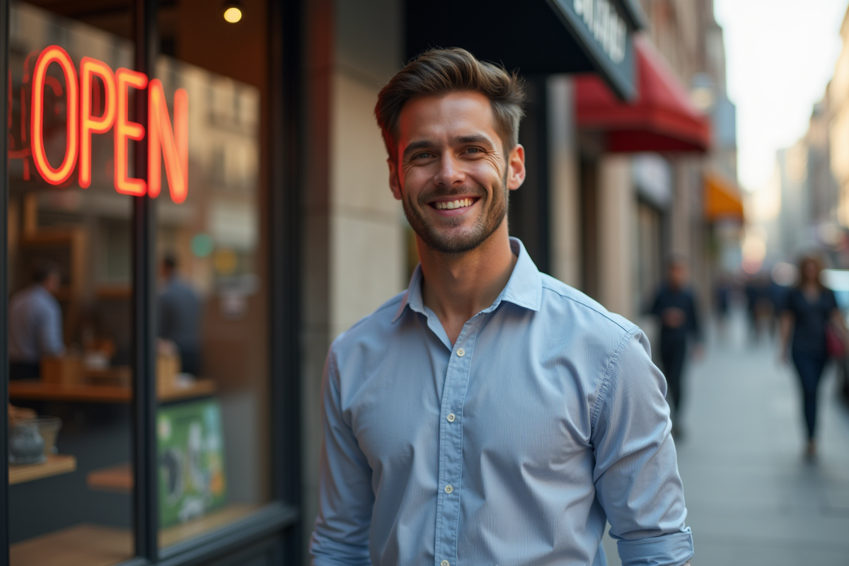 Homme souriant devant une boutique de rue
