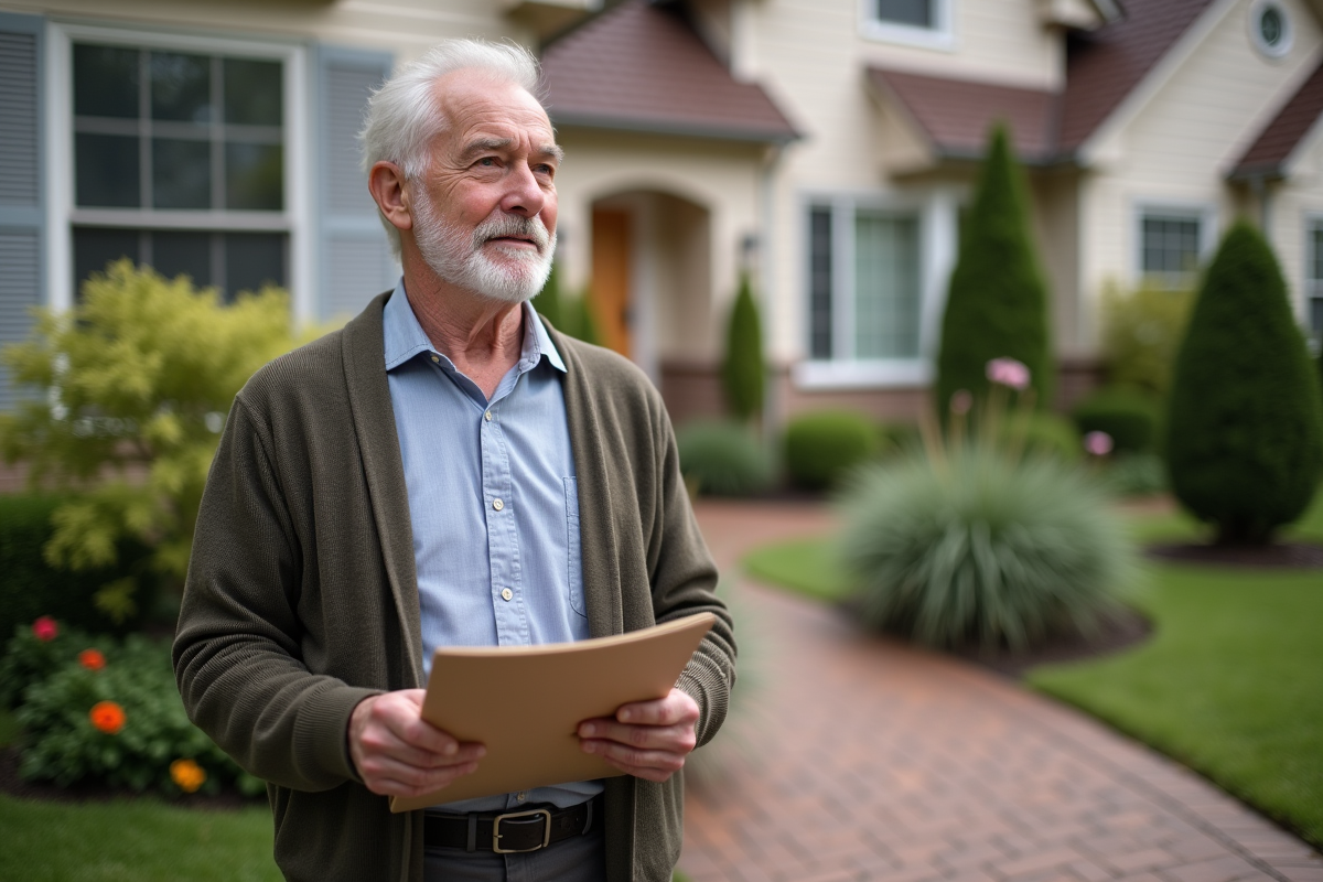 Homme devant sa maison avec dossier de documents immobiliers