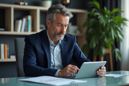 Homme d'âge moyen en blazer bleu dans un bureau moderne