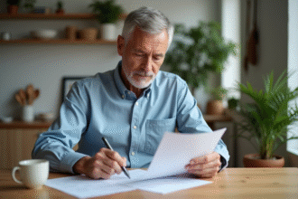 Homme de 60 ans lisant des papiers de retraite dans un appartement lumineux