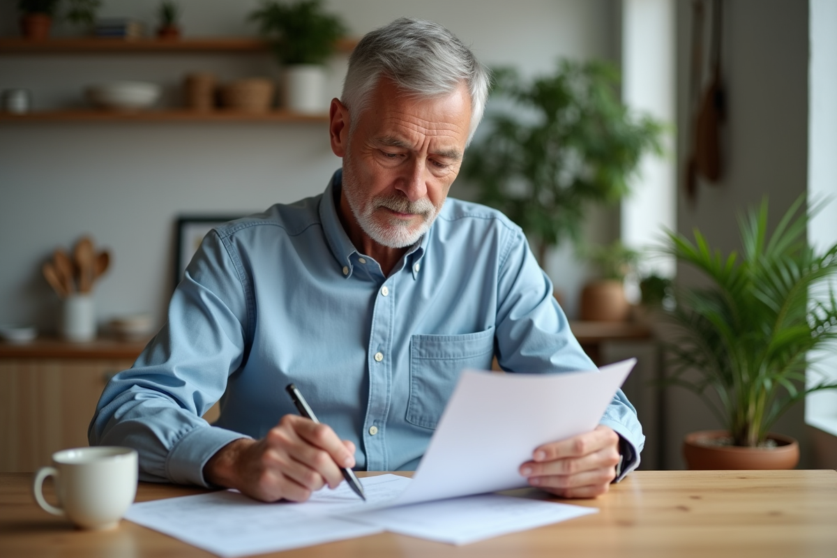 Homme de 60 ans lisant des papiers de retraite dans un appartement lumineux