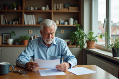 Homme d'âge moyen examine ses papiers de pension dans sa cuisine