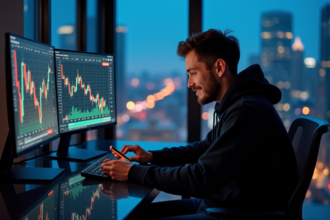 Jeune homme en hoodie vérifiant ses crypto sur un bureau moderne