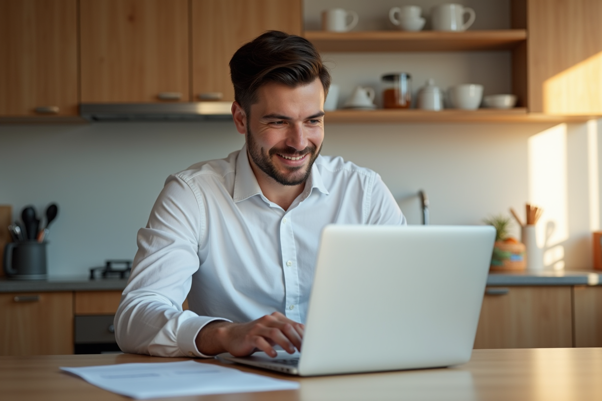 Homme en bureau moderne consulte sa fiche de paie numérique