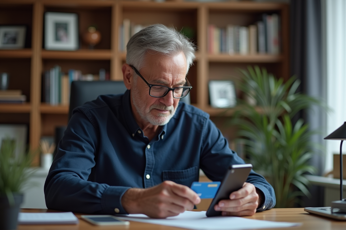 Homme d age utilise son smartphone pour activer une carte bancaire