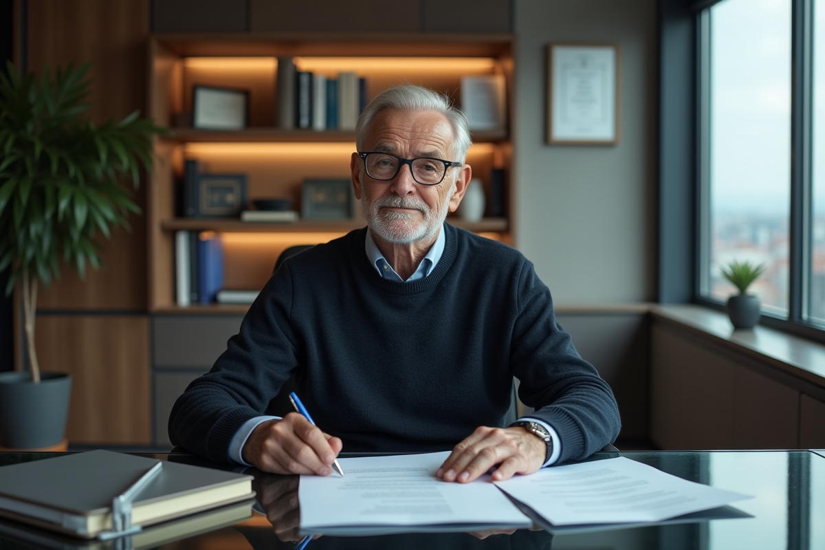Homme âgé dans un bureau moderne avec documents et livres