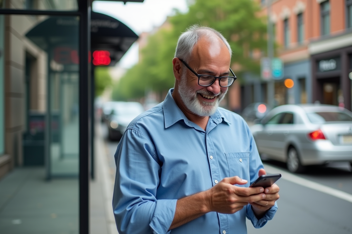 Homme vérifiant ses cashback au arrêt de bus urbain