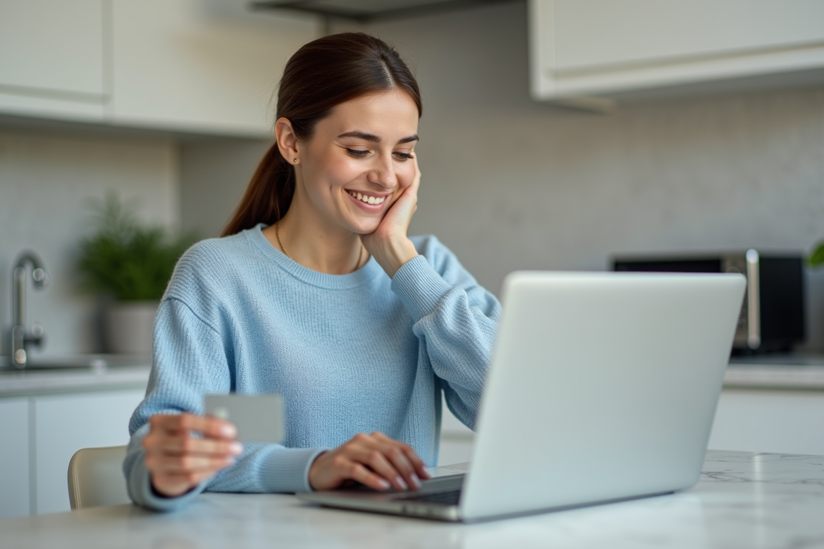 Jeune femme souriante active sa carte bancaire dans une cuisine moderne