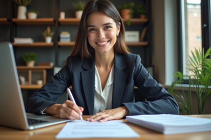 Jeune femme en blazer examine un contrat de prêt dans un bureau moderne