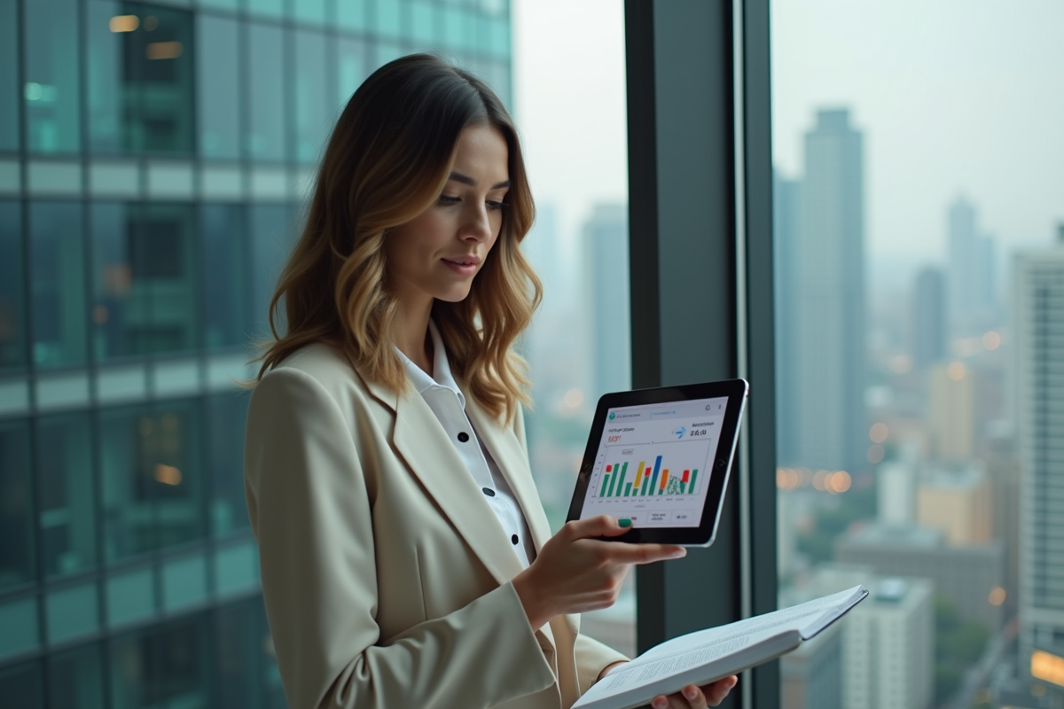 Jeune entrepreneure regardant un graphique sur sa tablette