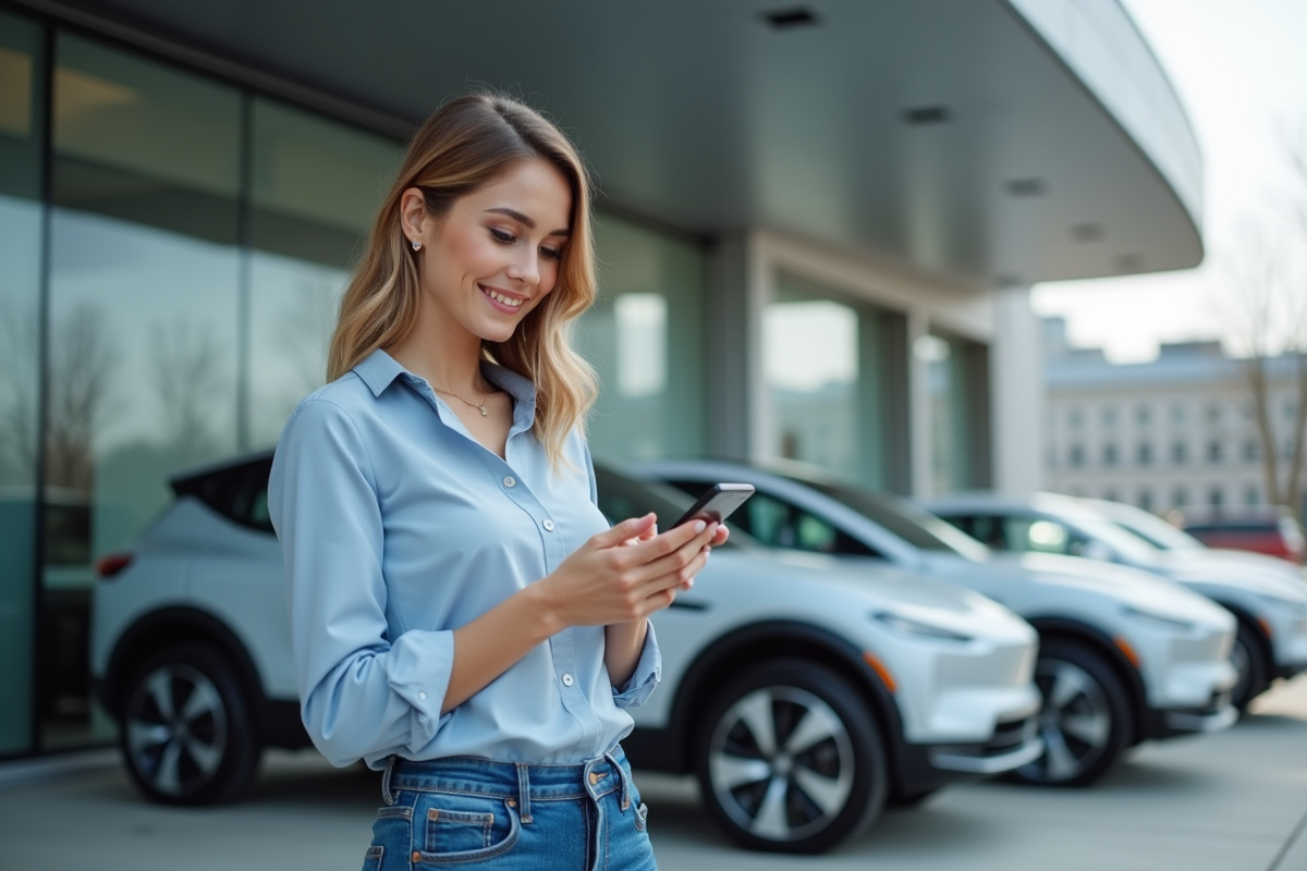Jeune femme souriante avec smartphone devant un showroom électrique
