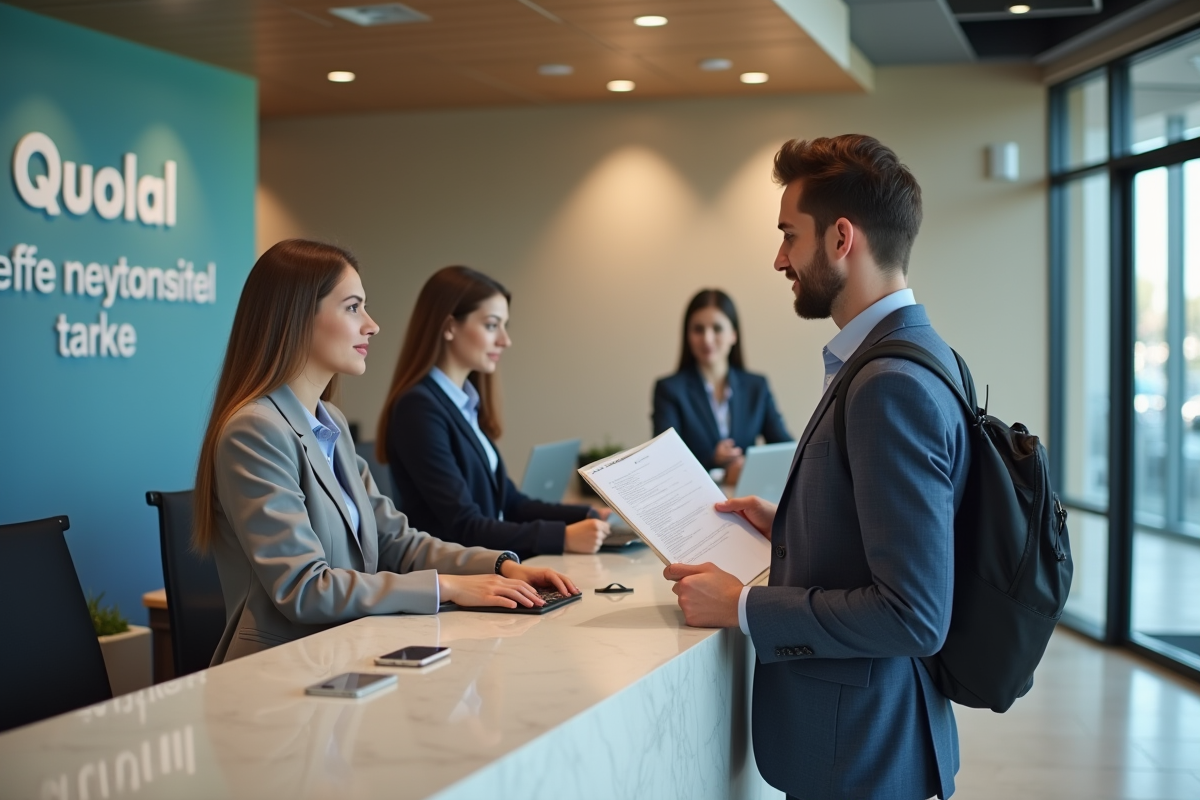 Jeune homme en tenue décontractée dans une agence bancaire discute avec un conseiller