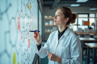 Jeune scientifique en laboratoire expliquant des diagrammes moléculaires