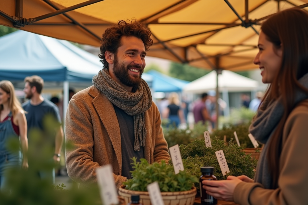 Jeune homme souriant au marché avec paniers d