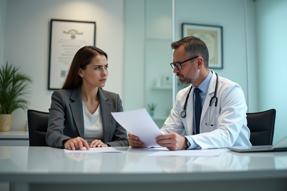 Medecin expliquant un document à une patiente inquiète