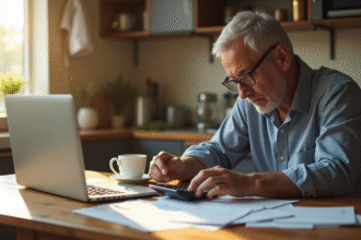 Personne d'âge moyen à la cuisine avec documents et calculatrice