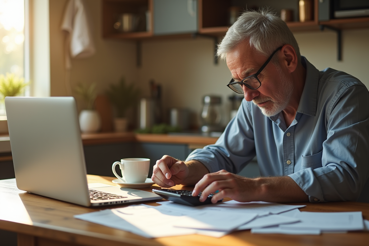 Personne d'âge moyen à la cuisine avec documents et calculatrice