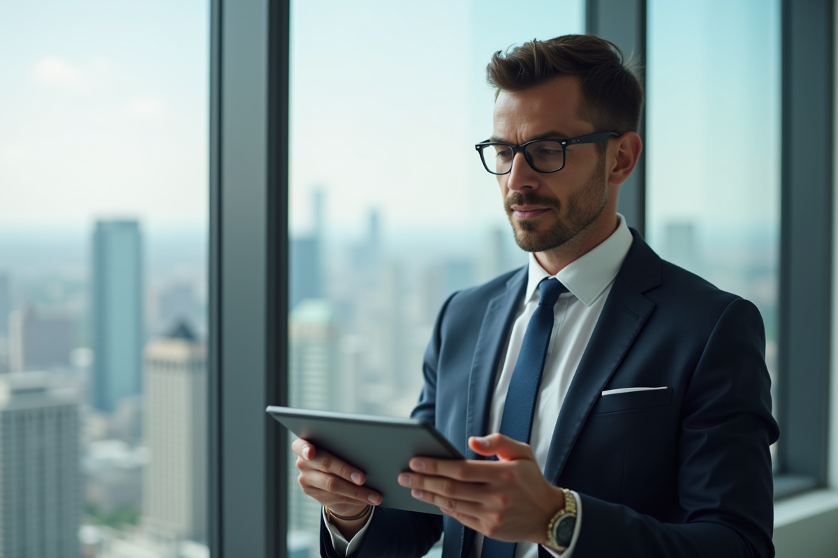 Professionnel d'affaires confiant utilisant une tablette dans un bureau moderne