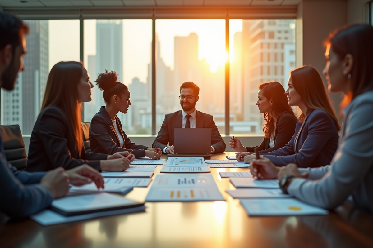 Groupe de dirigeants discutant de croissance financière en réunion