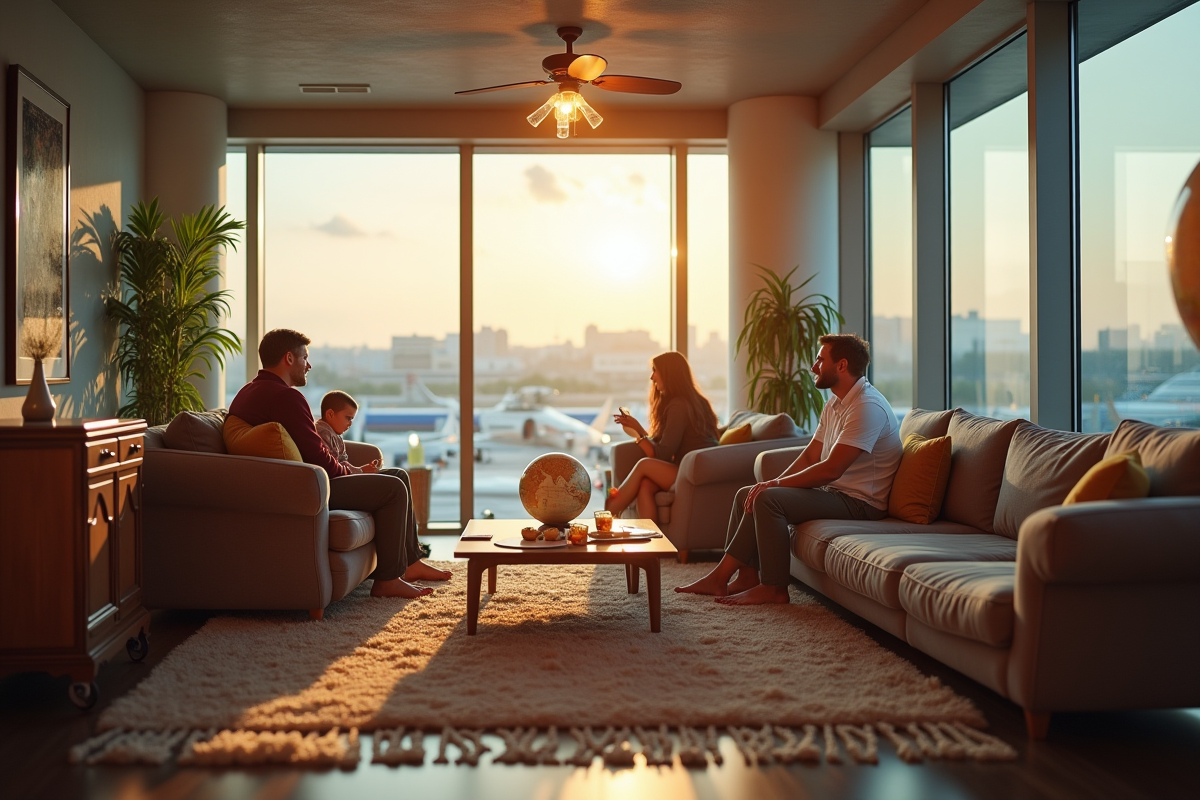 Famille dans un salon aménagé comme un lounge de voyage