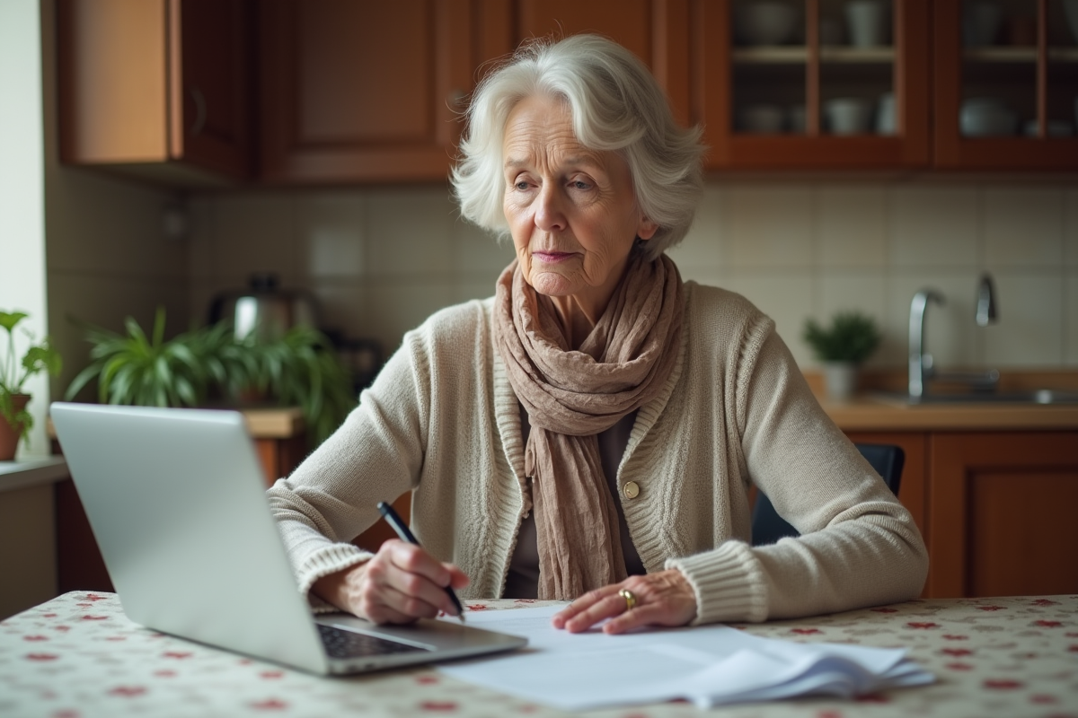Femme senior remplissant papiers CAF dans sa cuisine