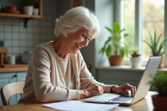 Femme senior souriante vérifiant ses papiers de retraite