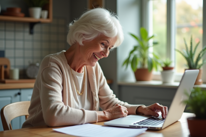 Femme senior souriante vérifiant ses papiers de retraite