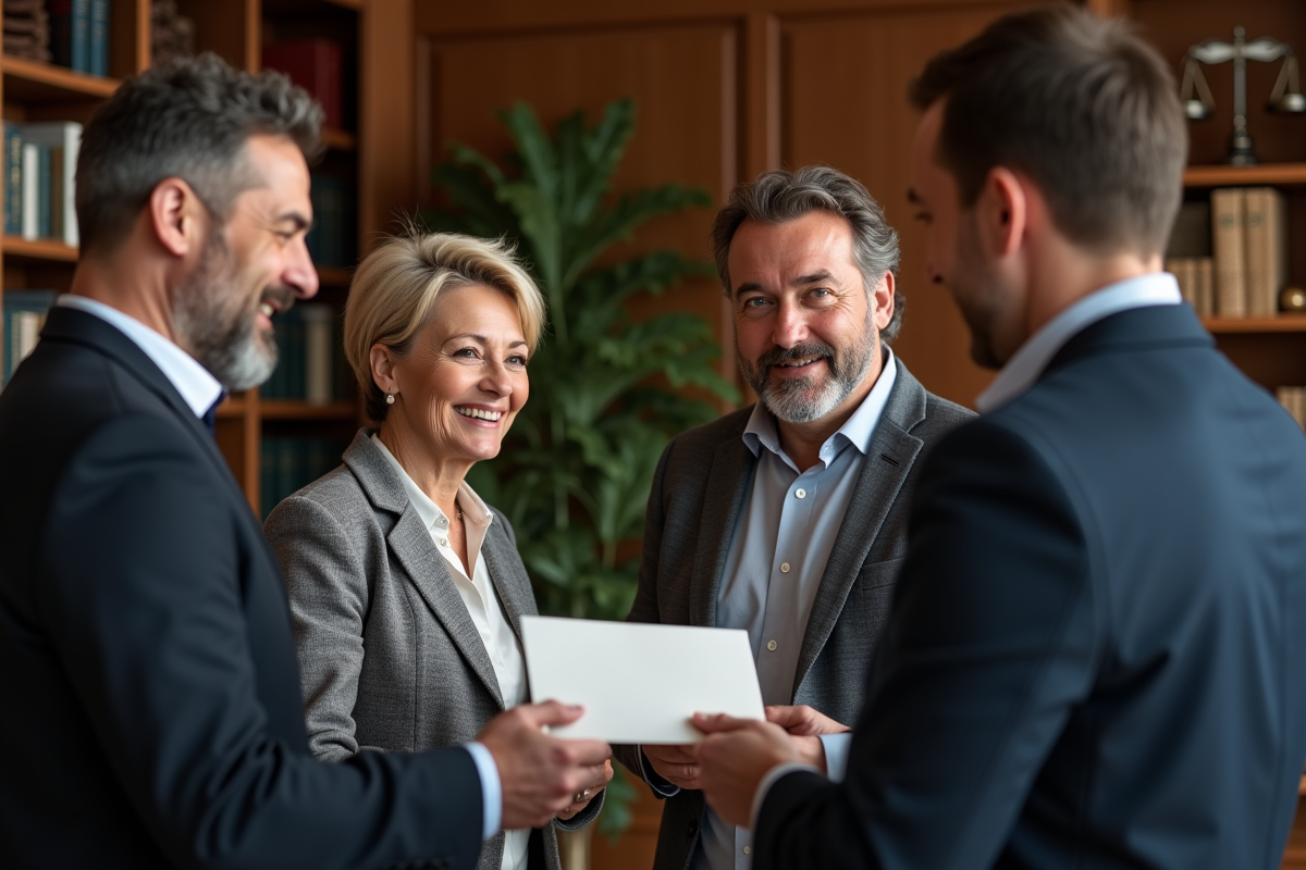 Deux adultes souriants remettant un enveloppe au notaire