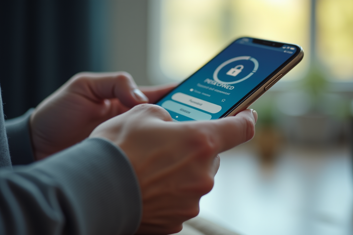 Main tenant un smartphone avec application bancaire sécurisée