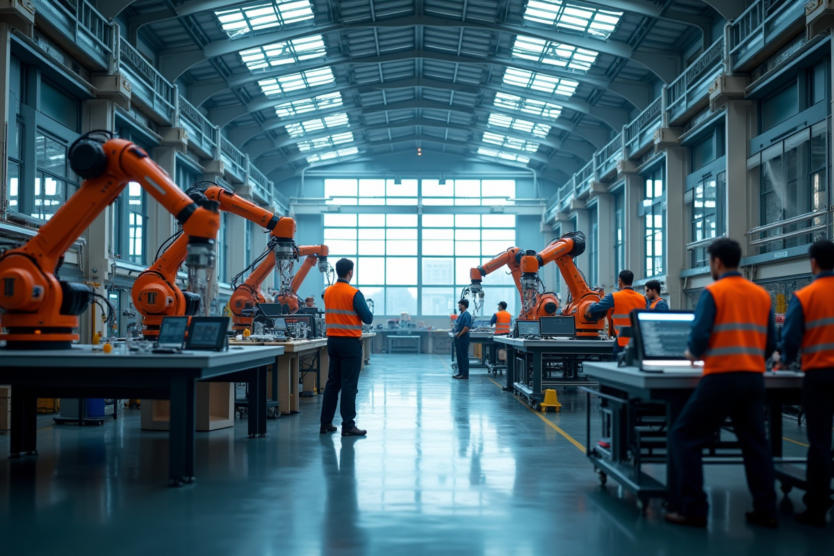 Intérieur d usine automatisée avec robots et ouvriers en sécurité